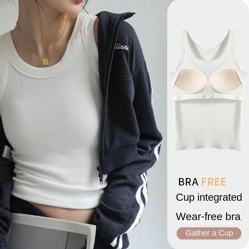 2024 Women's Vest Tops with Built In Bra Neck Vest Padded Slim Fit Tank Tops Sexy Shirts Feminino Casual