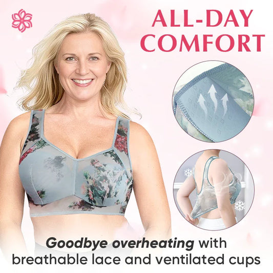 Seamless Full Coverage Wire Free Back Support Posture Bra Plus Size Flower lace bra